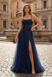 Coral Spaghetti-Straps A Line Tulle Prom Dress With Appliques