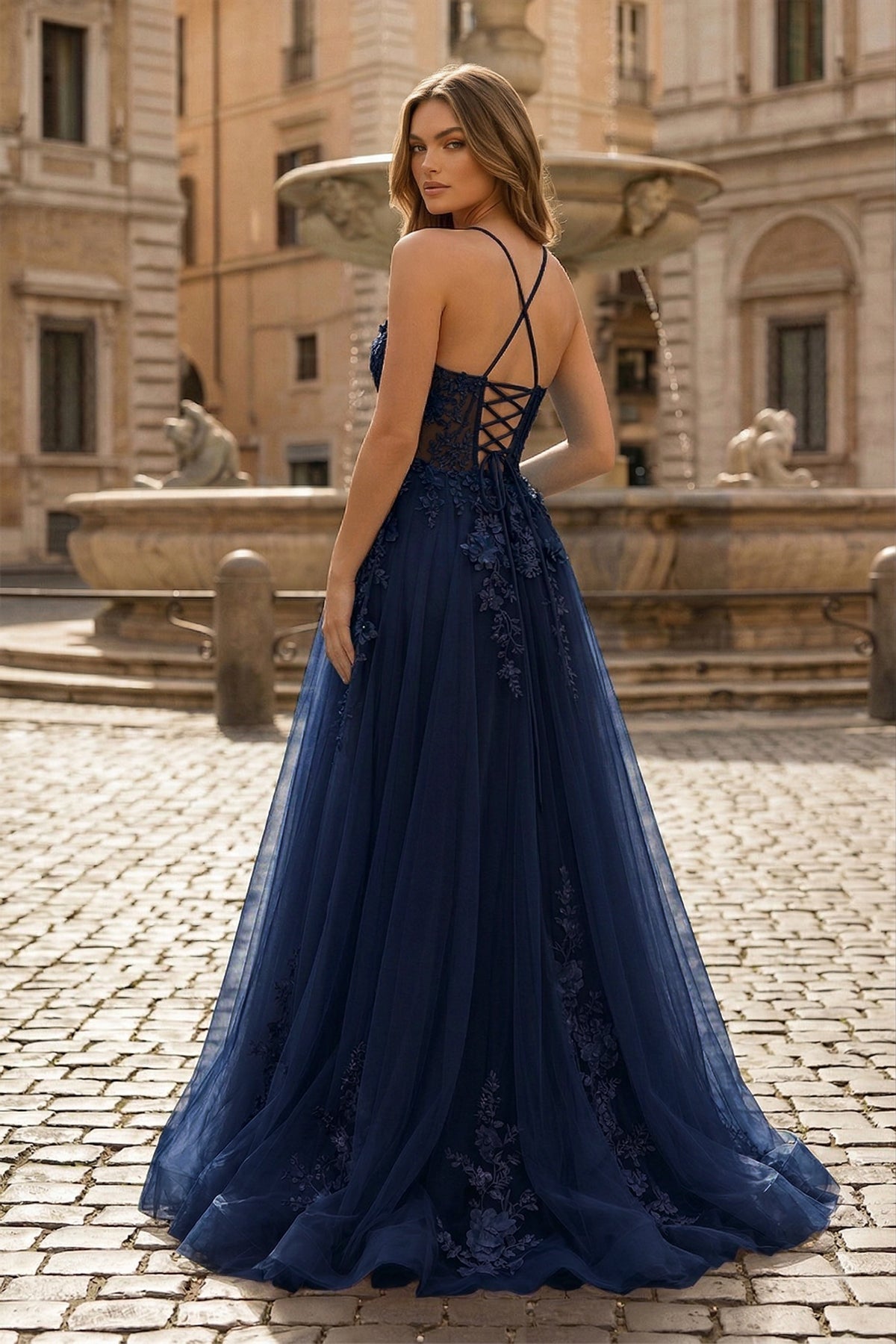 Coral Spaghetti-Straps A Line Tulle Prom Dress With Appliques