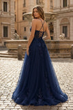 Coral Spaghetti-Straps A Line Tulle Prom Dress With Appliques