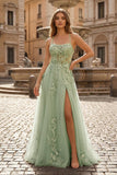 Coral Spaghetti-Straps A Line Tulle Prom Dress With Appliques