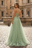 Coral Spaghetti-Straps A Line Tulle Prom Dress With Appliques
