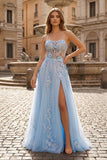 Coral Spaghetti-Straps A Line Tulle Prom Dress With Appliques