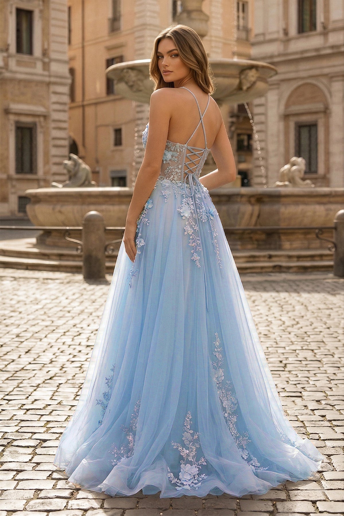 Coral Spaghetti-Straps A Line Tulle Prom Dress With Appliques