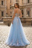 Coral Spaghetti-Straps A Line Tulle Prom Dress With Appliques