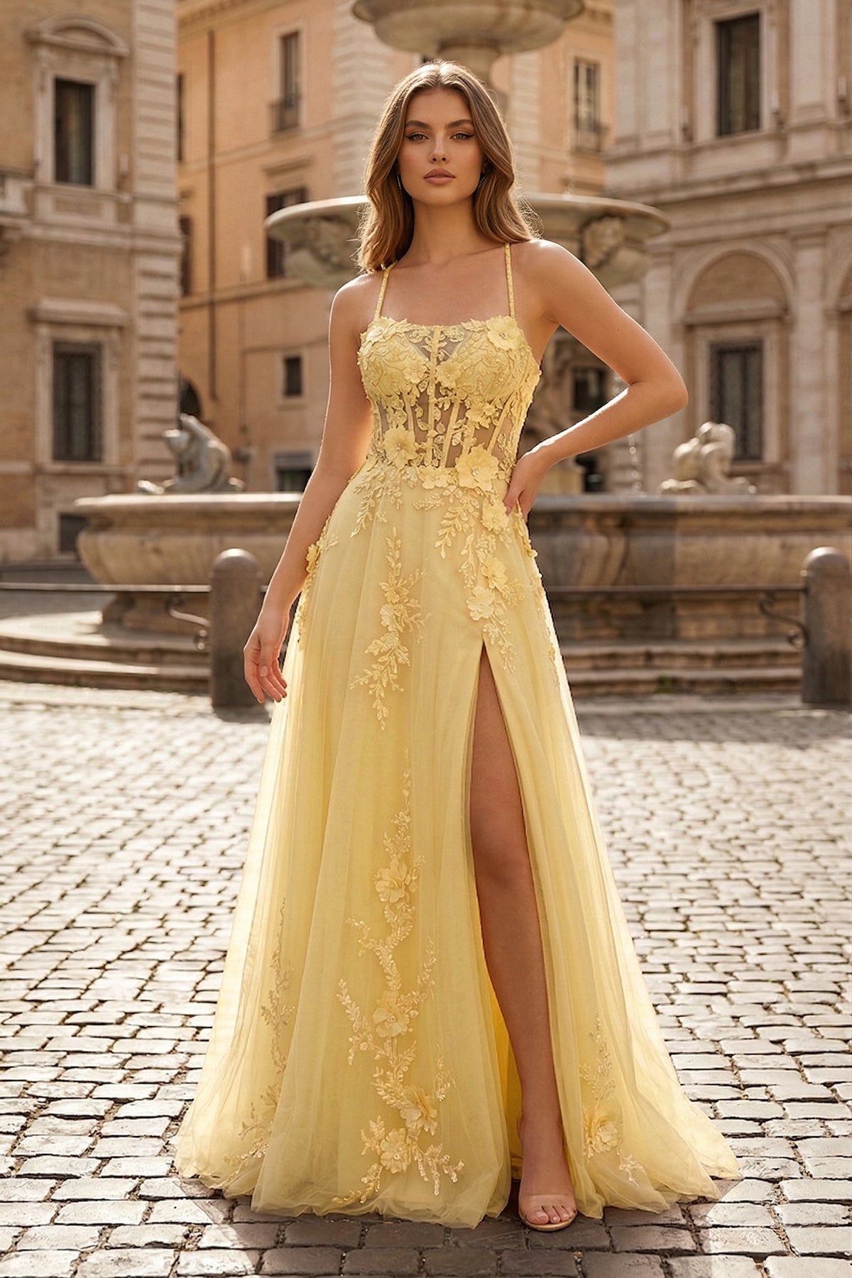 Coral Spaghetti-Straps A Line Tulle Prom Dress With Appliques