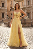 Coral Spaghetti-Straps A Line Tulle Prom Dress With Appliques