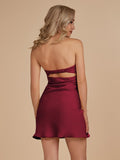 Burgundy Strapless Satin Sheath Short Homecoming Dress