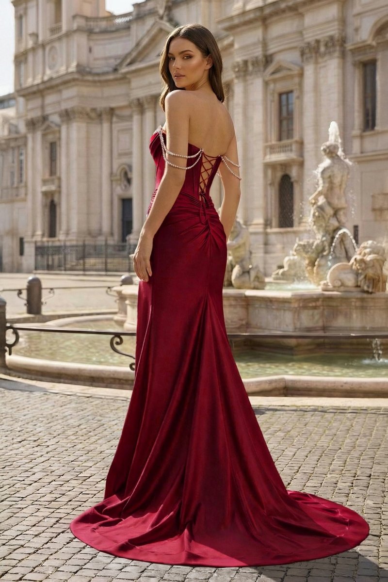Fuchsia Off The Shoulder Satin Pleated Mermaid Formal Prom Dresses With Beading