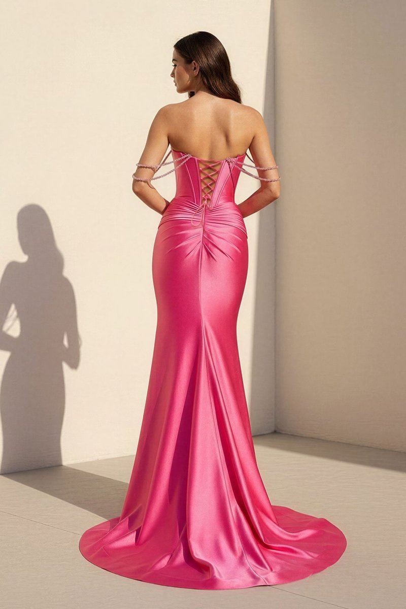 Fuchsia Off The Shoulder Satin Pleated Mermaid Formal Prom Dresses With Beading