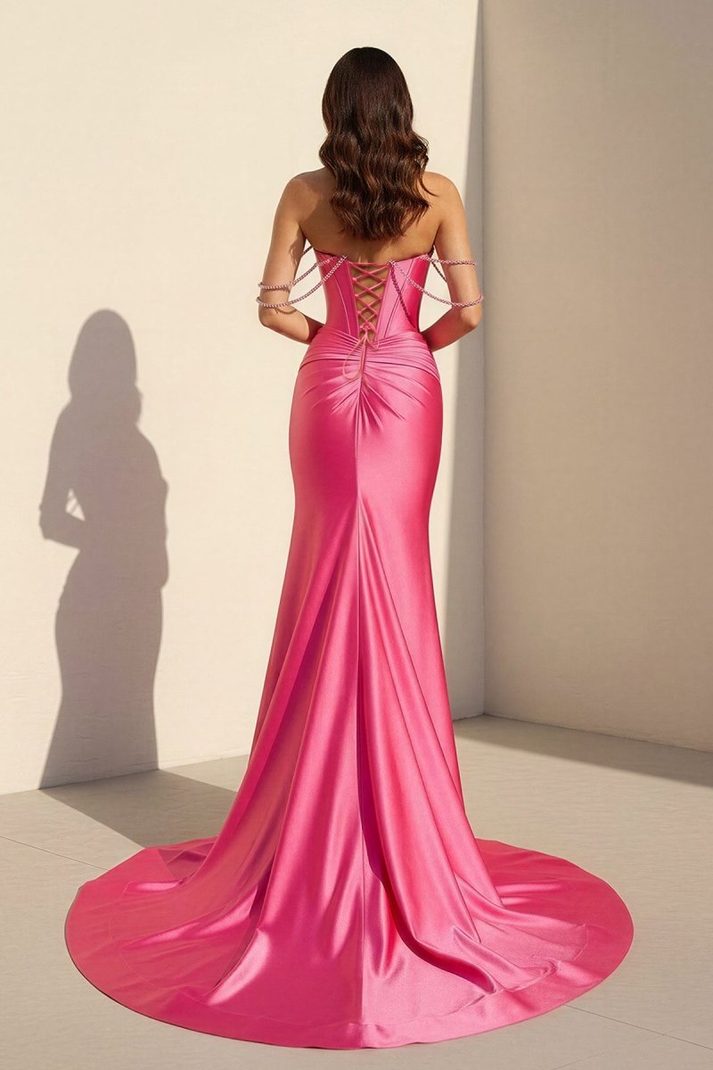 Fuchsia Off The Shoulder Satin Pleated Mermaid Formal Prom Dresses With Beading