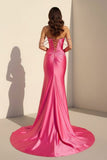 Fuchsia Off The Shoulder Satin Pleated Mermaid Formal Prom Dresses With Beading