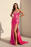 Fuchsia Off The Shoulder Satin Pleated Mermaid Formal Prom Dresses With Beading