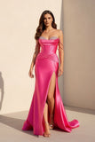 Fuchsia Off The Shoulder Satin Pleated Mermaid Formal Prom Dresses With Beading
