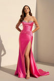 Fuchsia Off The Shoulder Satin Pleated Mermaid Formal Prom Dresses With Beading