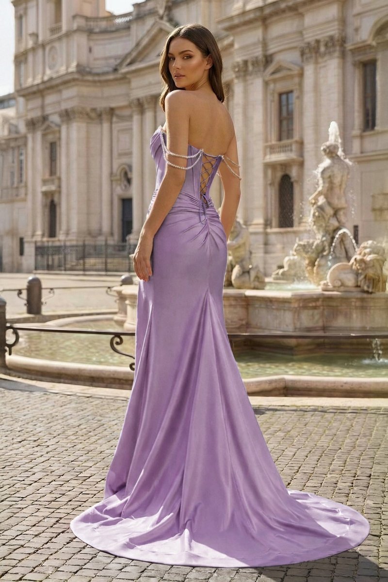 Fuchsia Off The Shoulder Satin Pleated Mermaid Formal Prom Dresses With Beading