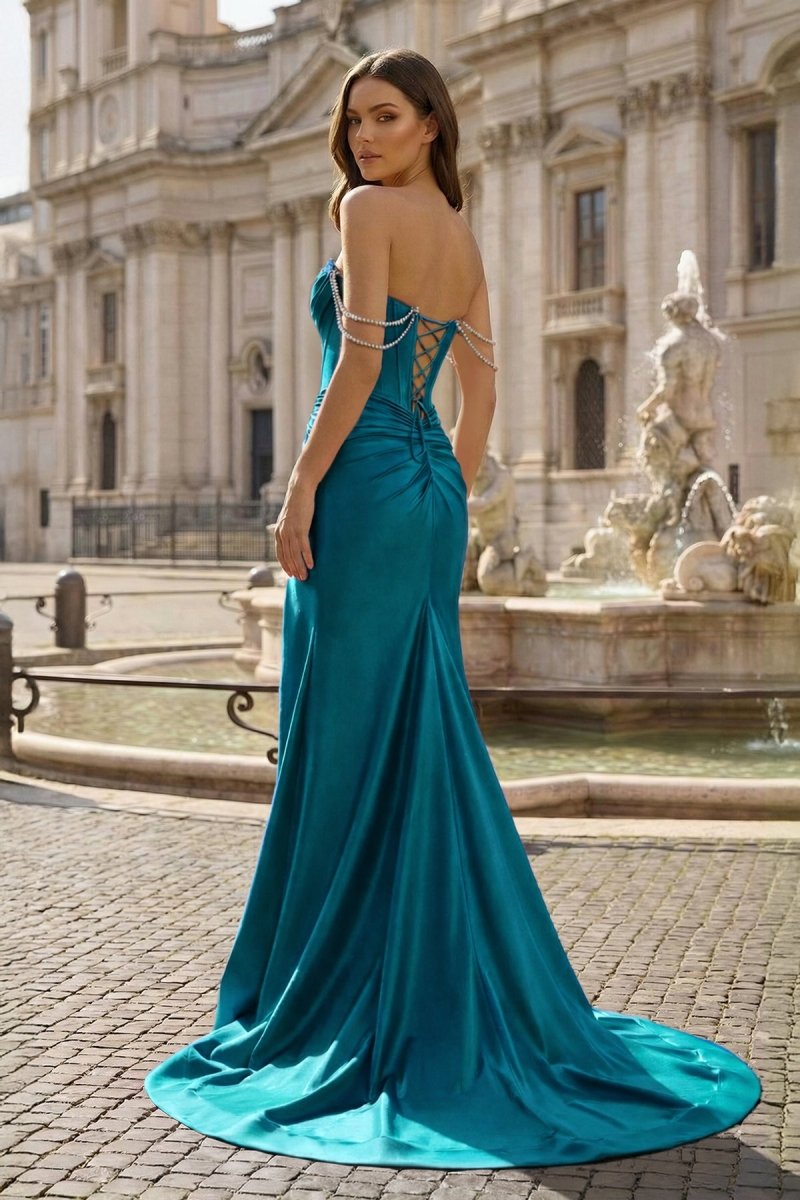 Fuchsia Off The Shoulder Satin Pleated Mermaid Formal Prom Dresses With Beading
