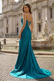 Fuchsia Off The Shoulder Satin Pleated Mermaid Formal Prom Dresses With Beading