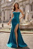 Fuchsia Off The Shoulder Satin Pleated Mermaid Formal Prom Dresses With Beading