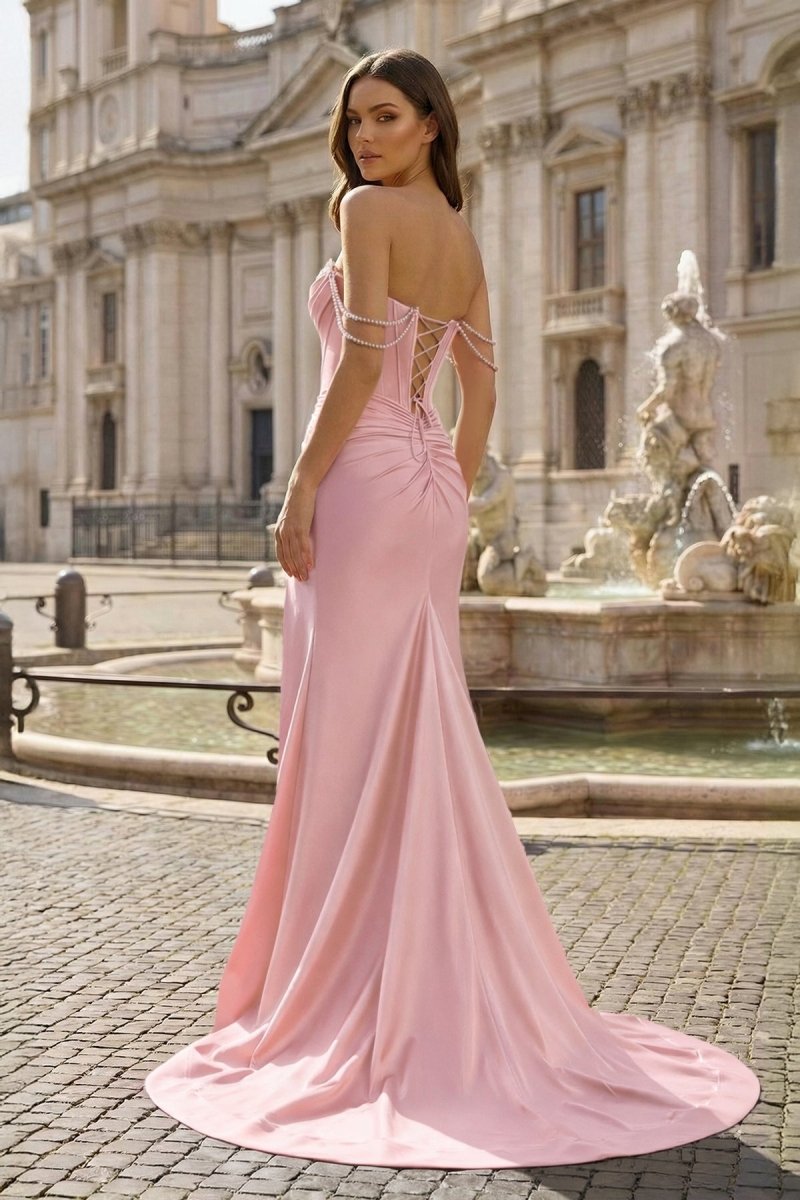Fuchsia Off The Shoulder Satin Pleated Mermaid Formal Prom Dresses With Beading
