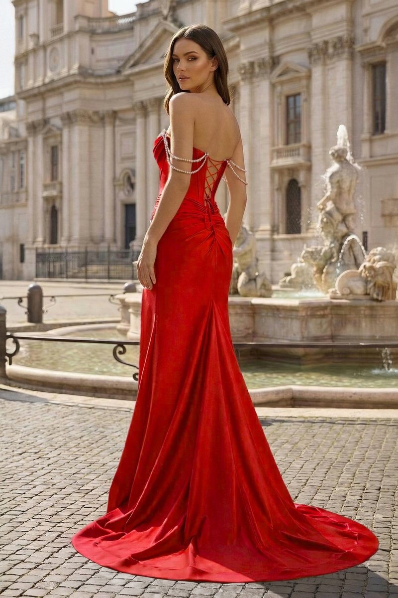 Fuchsia Off The Shoulder Satin Pleated Mermaid Formal Prom Dresses With Beading