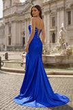 Fuchsia Off The Shoulder Satin Pleated Mermaid Formal Prom Dresses With Beading