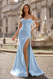 Fuchsia Off The Shoulder Satin Pleated Mermaid Formal Prom Dresses With Beading