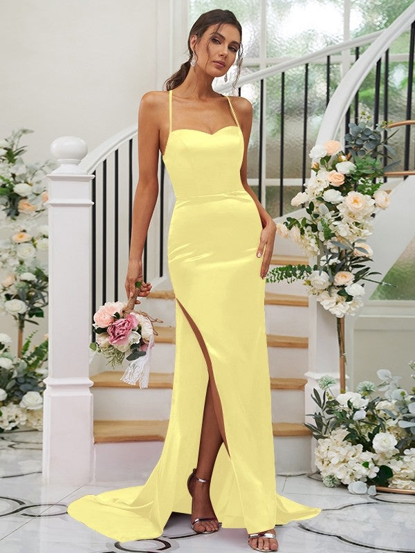 Sheath/Column Silk like Satin Ruched Square Sleeveless Sweep/Brush Train Bridesmaid Dresses Evening Dress