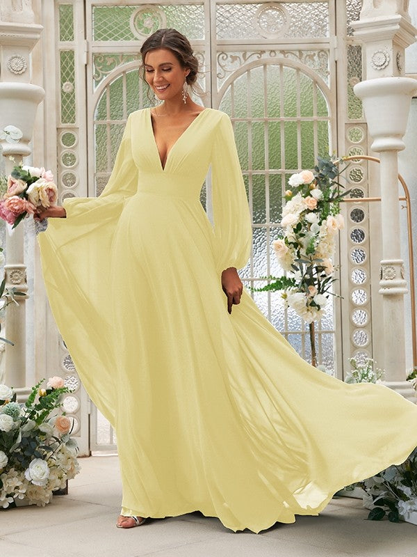 Vestido de dama de honor de corte A/princesa, de gasa, con volantes, escote en V, mangas largas y cola larga, vestido para madre de la novia