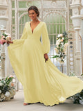 Vestido de dama de honor de corte A/princesa, de gasa, con volantes, escote en V, mangas largas y cola larga, vestido para madre de la novia