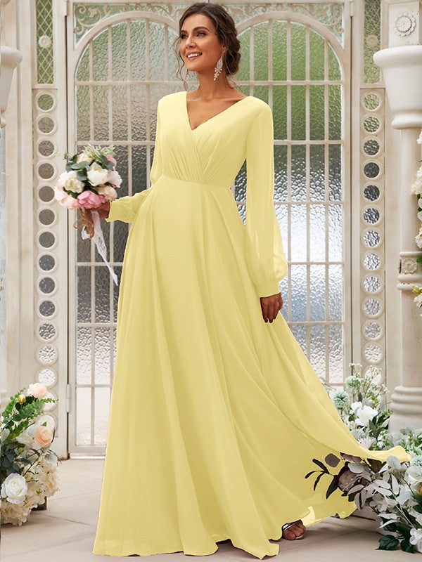 A-Line/Princess Chiffon Ruched V-neck Long Sleeves Floor-Length Bridesmaid Dresses Mother of the Bride Dress