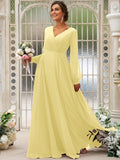 A-Line/Princess Chiffon Ruched V-neck Long Sleeves Floor-Length Bridesmaid Dresses Mother of the Bride Dress