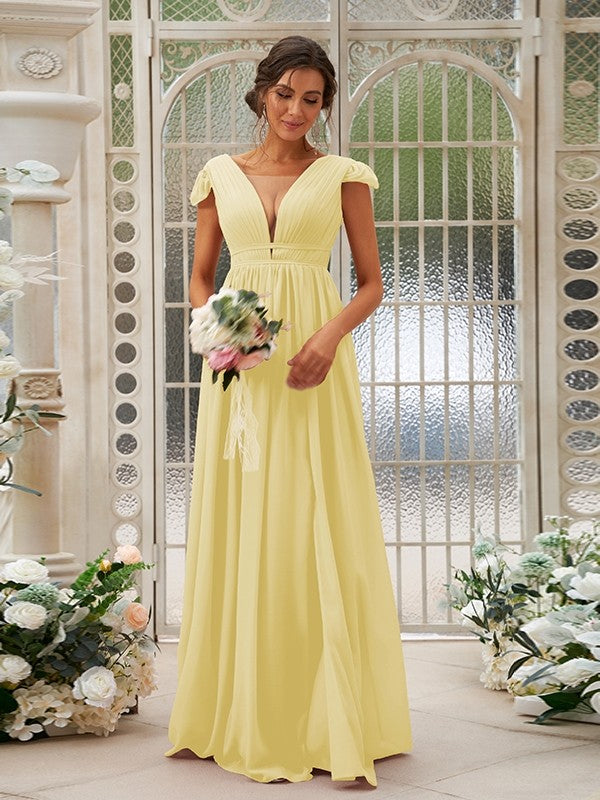 A-Line/Princess Chiffon Ruffles V-neck Sleeveless Sweep/Brush Train Bridesmaid Dresses Evening Dress