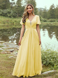 A-Line/Princess Chiffon Ruffles V-neck Short Sleeves Floor-Length Bridesmaid Dresses Evening Prom Dress