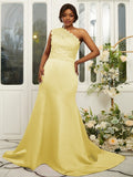 Sheath/Column Satin Lace One-Shoulder Sleeveless Sweep/Brush Train Bridesmaid Dresses Evening Dress