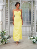 Sheath/Column Satin Ruched Spaghetti Straps Sleeveless Ankle-Length Bridesmaid Dresses Evening Dress