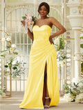 Sheath/Column Silk like Satin Ruched Sweetheart Sleeveless Sweep/Brush Train Bridesmaid Dresses Evening Dress