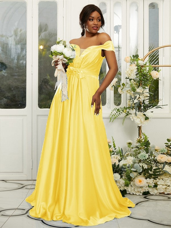 A-Line/Princess Silk like Satin Ruffles Off-the-Shoulder Sleeveless Sweep/Brush Train Bridesmaid Dresses Evening Dress