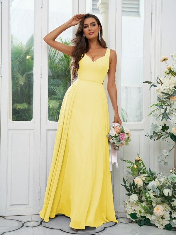 A-Line/Princess Chiffon Ruffles V-neck Sleeveless Floor-Length Bridesmaid Dresses Evening Dress