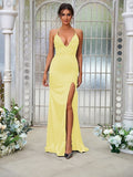 Sheath/Column Silk like Satin Ruched V-neck Sleeveless Sweep/Brush Train Bridesmaid Dresses Evening Dress