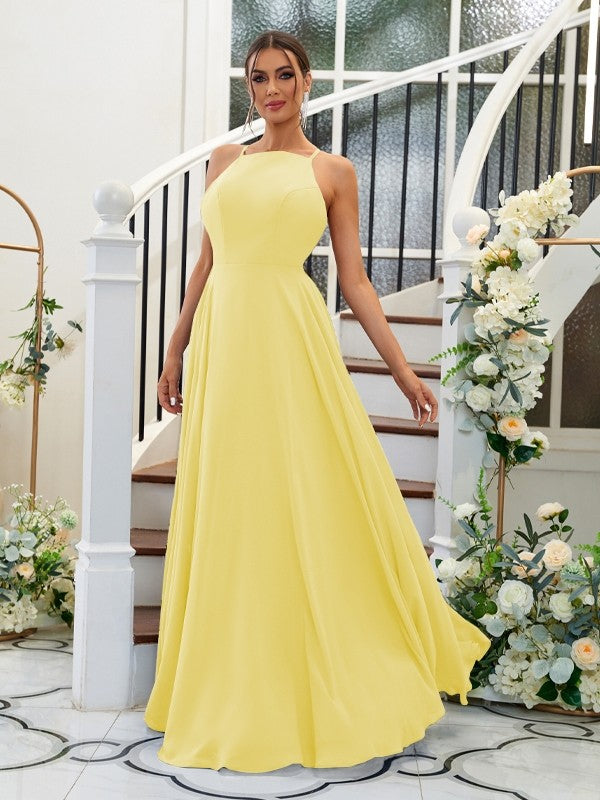 A-Linie/Princess-Linie Chiffon Rüschen Neckholder Ärmellos Bodenlang Brautjungfernkleider Abendkleid