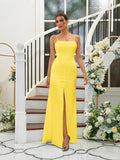 A-Line/Princess Silk like Satin Ruffles Spaghetti Straps Sleeveless Floor-Length Bridesmaid Dresses Evening Dress