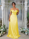 A-Line/Princess Silk like Satin Ruched Sweetheart Sleeveless Sweep/Brush Train Bridesmaid Dresses Evening Dress