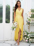 A-Line/Princess Charmeuse Ruched V-neck Sleeveless Sweep/Brush Train Bridesmaid Dresses Evening Dress