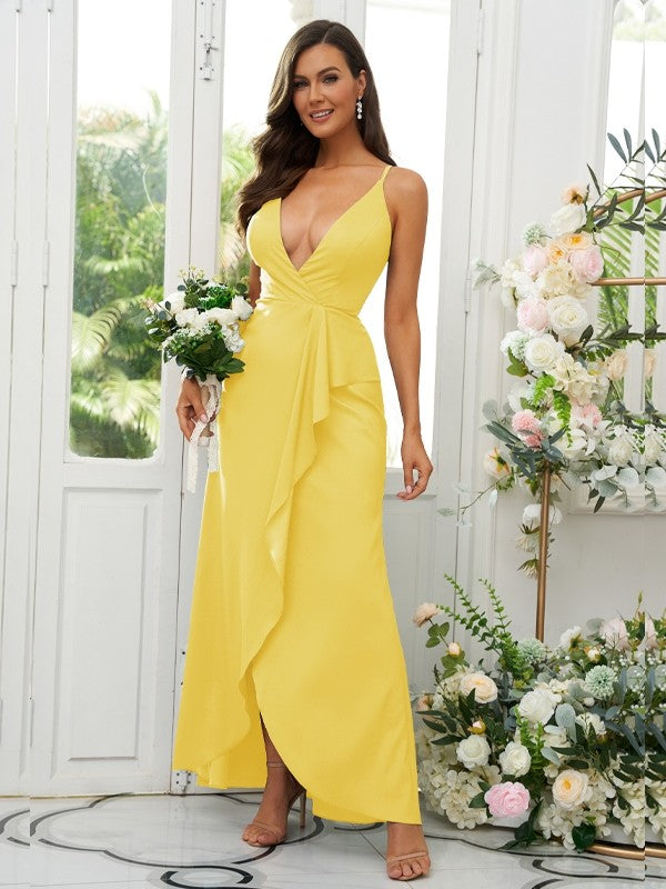 A-Line/Princess Silk like Satin Ruffles V-neck Sleeveless Floor-Length Bridesmaid Dresses Prom Dress
