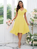 Vestido de dama de honor asimétrico de corte A/princesa, de gasa, con volantes, escote en V y mangas cortas, ideal para invitadas de boda y graduación.