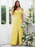 A-Line/Princess Chiffon Ruched V-neck Short Sleeves Floor-Length Bridesmaid Dresses Evening Dress