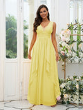 A-Line/Princess Chiffon Ruffles V-neck Sleeveless Floor-Length Bridesmaid Dresses Evening Prom Dress