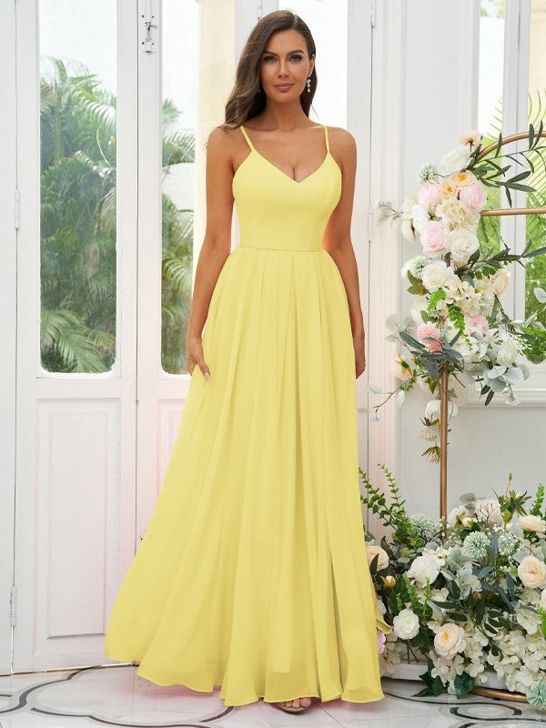 A-Line/Princess Chiffon Ruffles V-neck Sleeveless Floor-Length Bridesmaid Dresses Evening Dress