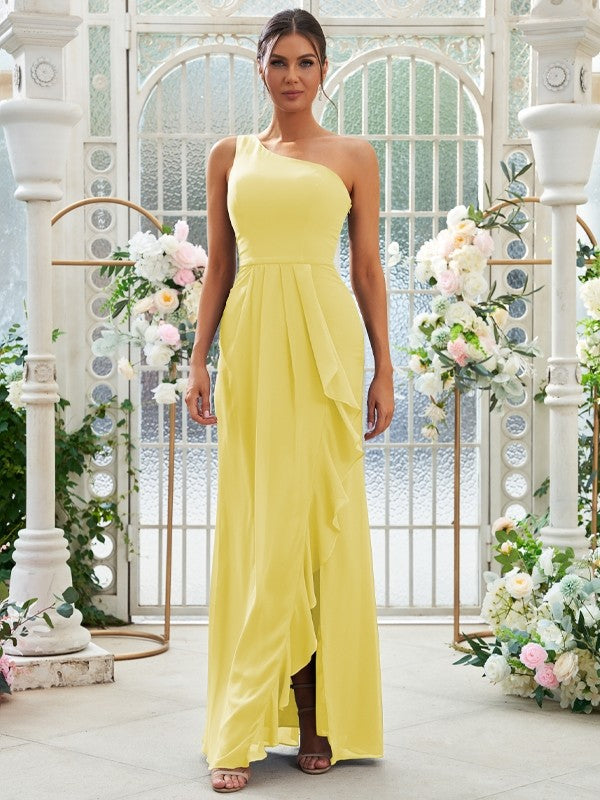 Sheath/Column Chiffon Ruffles One-Shoulder Sleeveless Floor-Length Bridesmaid Dresses Evening Prom Dress