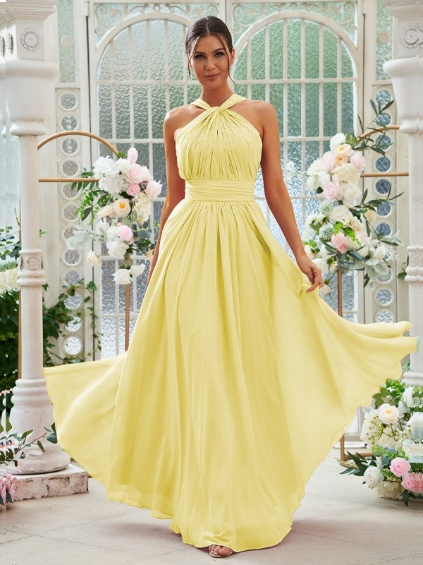 A-Linie/Princess-Linie Chiffon Rüschen Neckholder Ärmellos Bodenlang Brautjungfernkleider Abendkleid